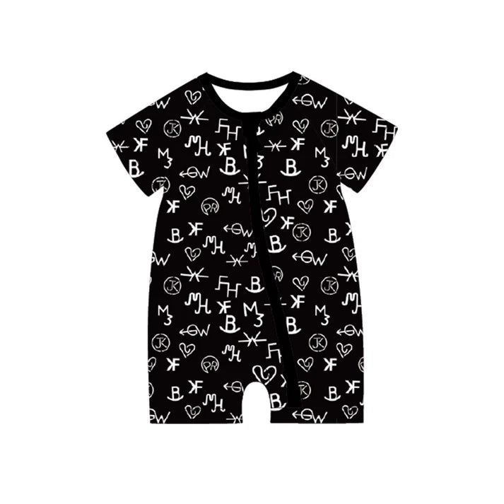 Preorder moq 5 Baby Boys Black Short Sleeves Letter Zipper Rompers 4.29