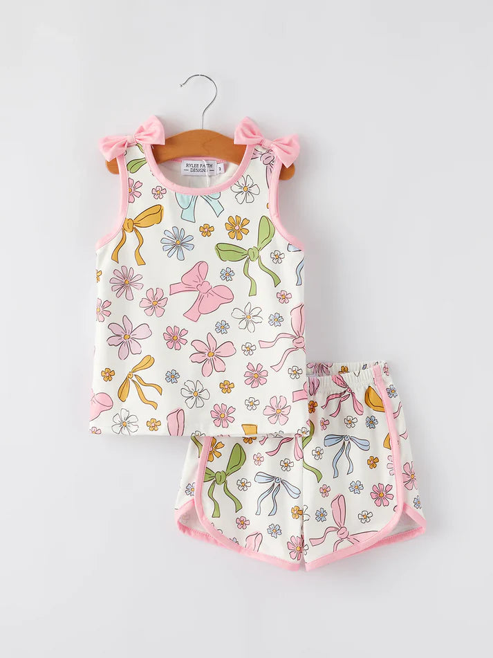 Preorder moq 5 Baby Girls Pink Bows Top Shorts Outfits Clothes Sets 4.23
