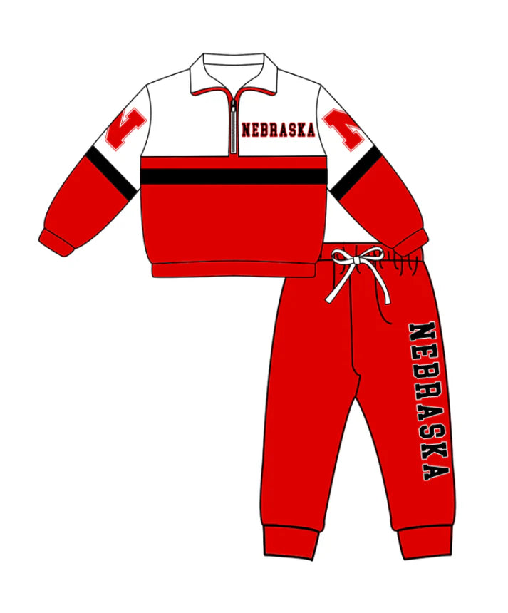 Preorder (moq 5)Baby Boys Nebraska Zipper Pullover Jogger Pants Team Clothes Set 1.6