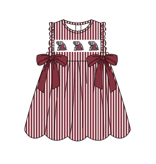 Preorder (moq 5)Baby Girls Sleeveless Dark Red Stripe A Elephants Bows Team Knee Length Dresses 11.25