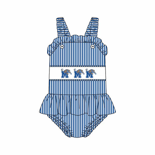 Preorder (moq 5)Baby Girls Strap Blue Stripe M Tigers Tunic Bummies Team Rompers 12.29