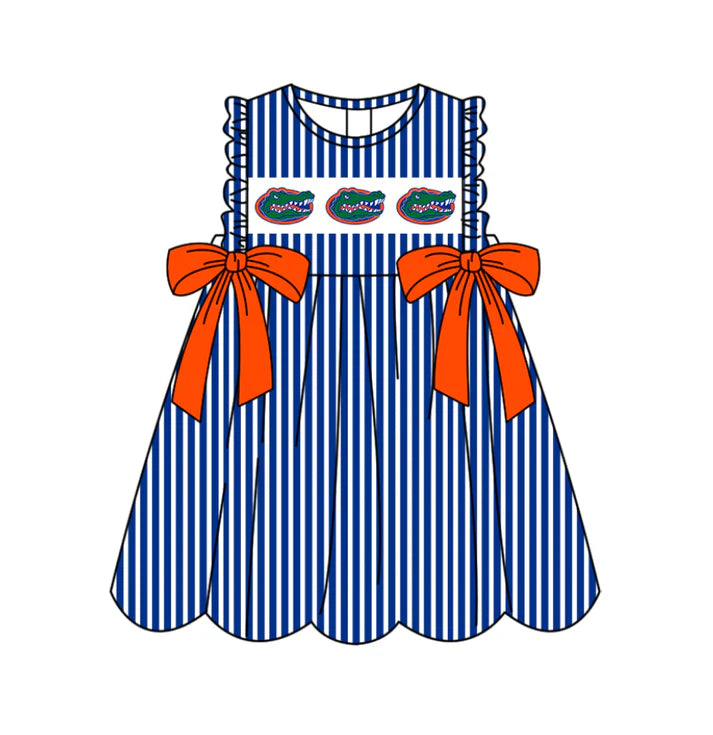 Preorder (moq 5)Baby Girls Sleeveless Blue Stripe Crocodiles Bows Team Knee Length Dresses 11.25