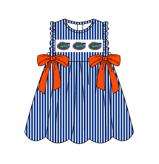 Preorder (moq 5)Baby Girls Sleeveless Blue Stripe Crocodiles Bows Team Knee Length Dresses 11.25