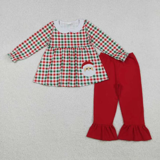 Sibling Baby Girls Red Green Checked Embroidery Santa Tunic Ruffle Pants Christmas Set Rompers 11.5