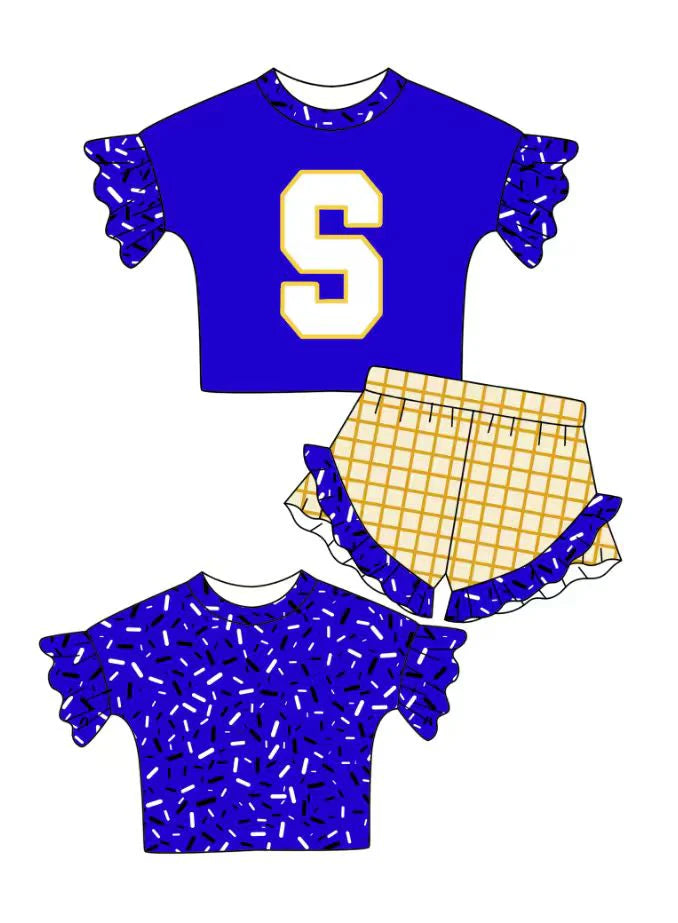 Preorder (moq 5)Baby Girls Hot Blue Back Sprinkles S Top Checked Ruffle Shorts Team Clothes Set 1.12