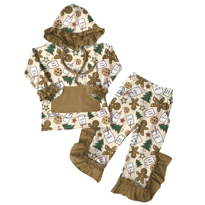 Preorder (moq 5)Baby Girls Christmas Gingerbread Hoodies Top Ruffle Pant Sets 6.7