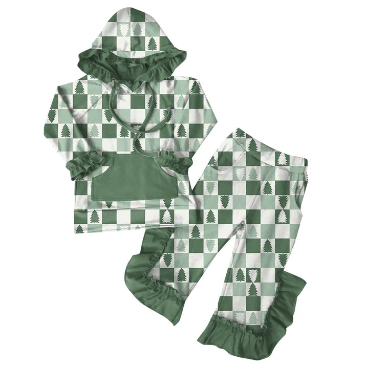 Preorder (moq 5)Baby Girls Christmas Green Trees Hoodies Top Ruffle Pant Sets 6.7