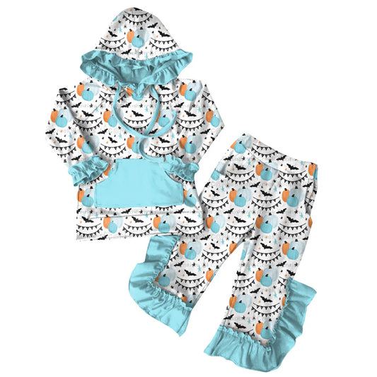 Preorder (moq 5)Baby Girls Halloween Pumpkins Bats Hoodies Top Ruffle Pant Sets 6.7
