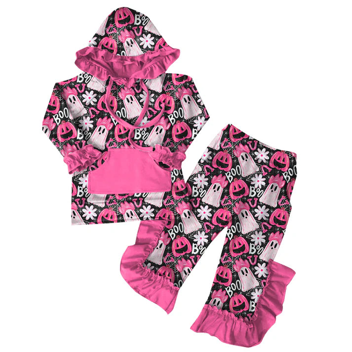 Preorder (moq 5)Baby Girls Fall Pink Ghost Pumpkins Hoodies Top Ruffle Pant Sets 6.7