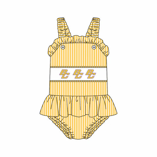 Preorder (moq 5)Baby Girls Strap Yellow Stripe BC Tunic Bummies Team Rompers 12.29