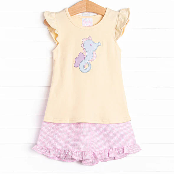 Preorder moq 5 Baby Girls Peach Flutter Sleeves Sea Horse Tunic Pink Ruffle Short Set 4.30