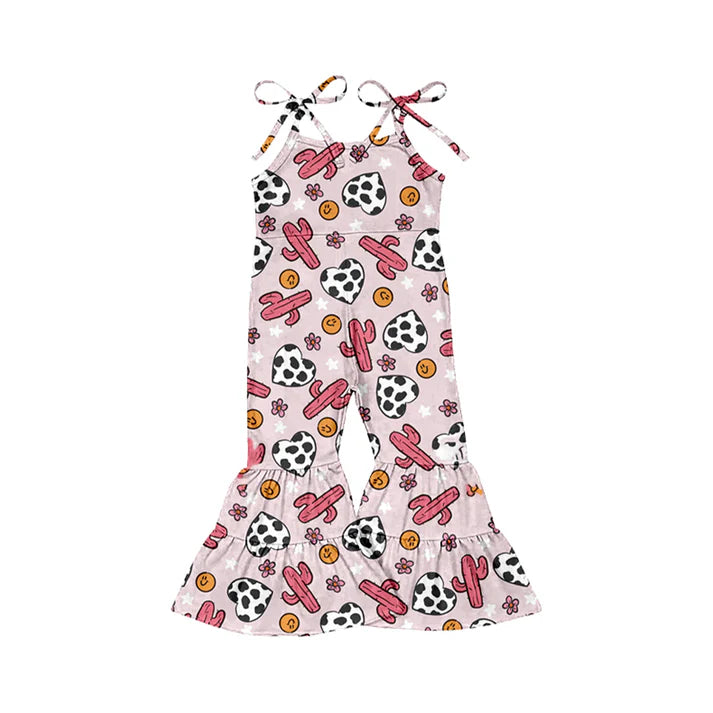 Preorder (moq 8)Baby Girls Pink Cactus Flowers Cow Print Hearts Bell Bottom Pants Jumpsuits 9.17