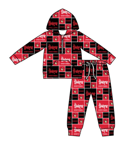 Preorder (moq 5)Baby Boys Huskers Checked Zipper Pockets Hoodies Pants Team Clothes Sets 11.27