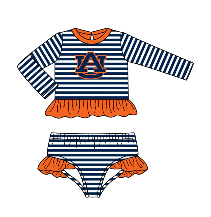 Preorder (moq 5)Baby Girls Blue Stripe AU Ruffle Top Bummies Team 2 Piece Swimsuits 12.25