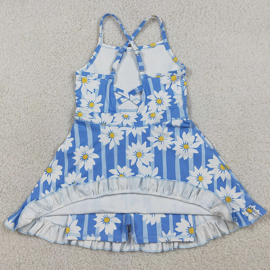 Baby Girls Dress Blue Strap Stripe Floral Yoga Ruffle Knee Length Dresses GSD2283