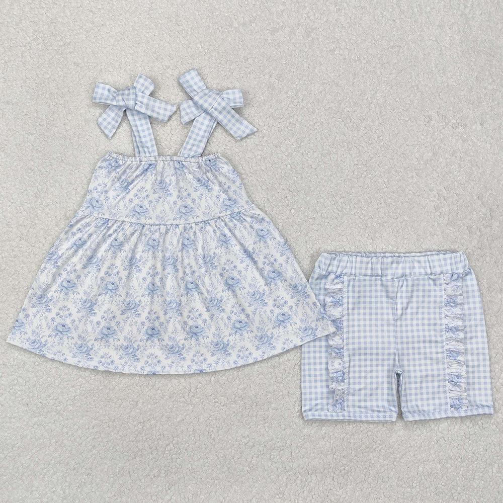 Baby Girls Clothes Blue Flowers Straps Tunic Top Ruffle Shorts Sets GSSO1716