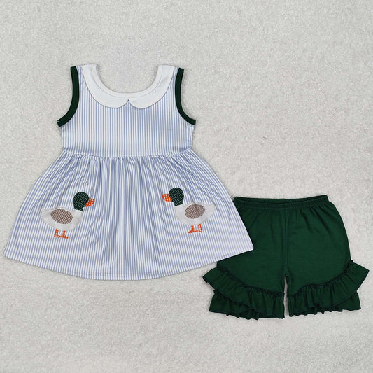 Baby Girls Clothes Blue Stripes Ducks Tunic Top Ruffle Shorts Sets GSSO1658