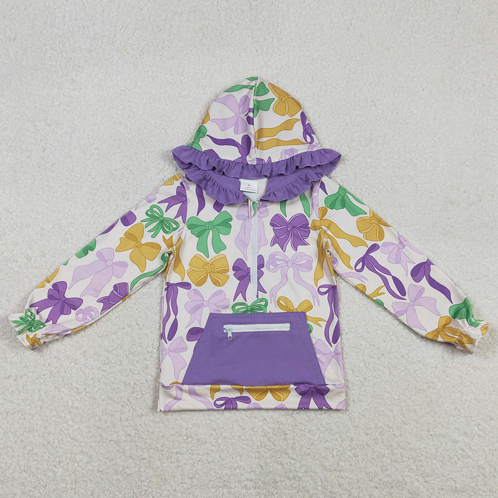 Baby Girls Clothes Mardi Gras Bows Pocket Zipper Ruffle Hoodies Top GT1222 11.21