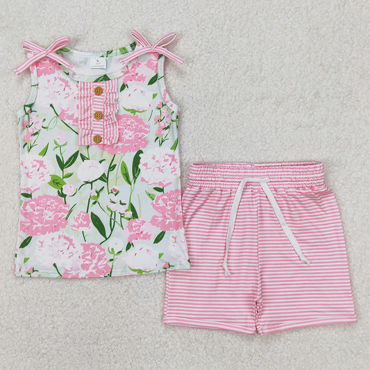 Baby Girls Clothes Pink Sleeveless Floral Button Top Stripe Shorts Set GSSO2357