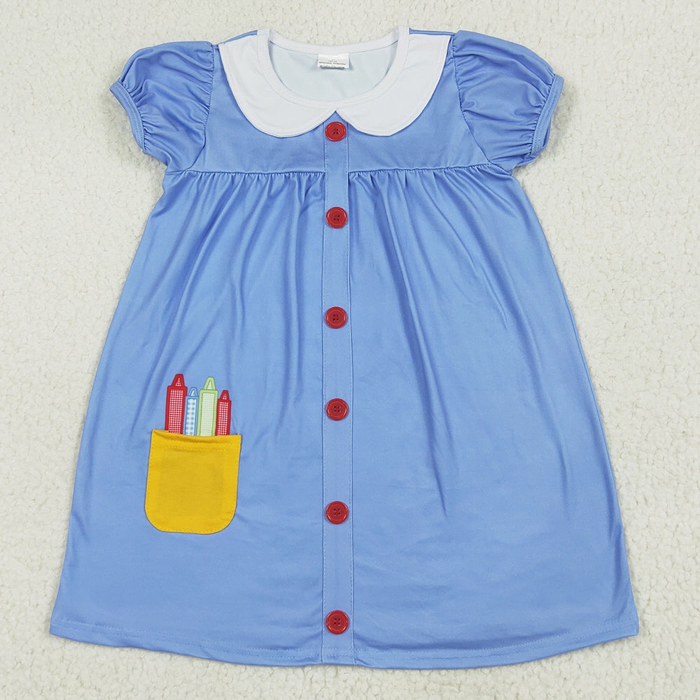 Embroidery Baby Girls Dress Apple Back To School Buttons Dresses GSD1821 6.19