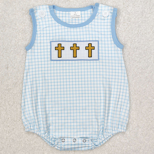 Embroidery Baby Infant Boys Rompers Blue Checkered Easter Cross Rompers SR2504 SR2505 3.10