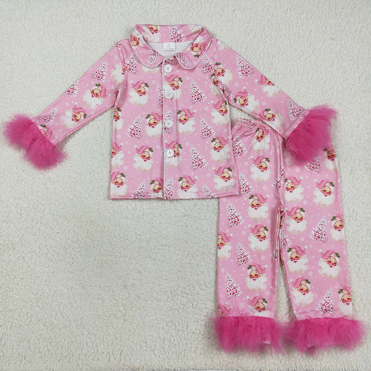 Baby Girls Pajamas Pink Fur Sleeve Santa Christmas Trees Button Top Pants Christmas Pajamas Set GLP2424 8.12