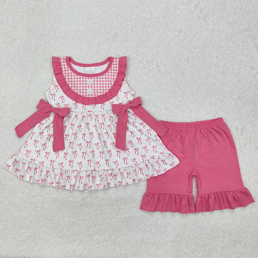 Baby Girls Clothes Pink Bows Bib Tunic Ruffle Shorts Sets GSSO1639