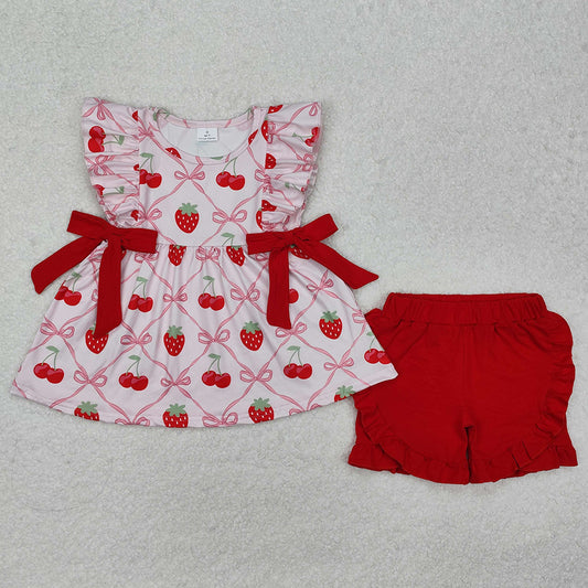 Baby Girls Clothes Strawberry Bows Tunic Tops Ruffle Shorts Clothes Sets GSSO1640