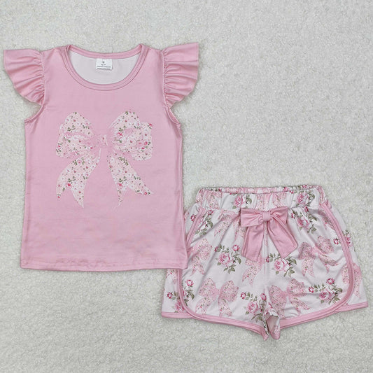 Baby Girls Clothes Pink Flowers Big Bow Shirt Shorts Clothes Sets GSSO1702