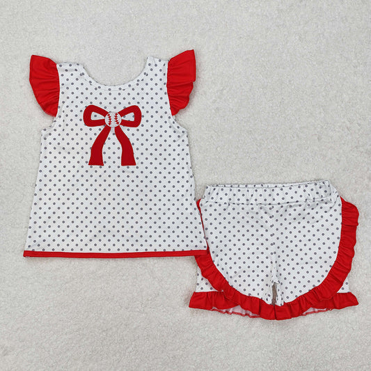 Baby Girls Clothes Baseball Bow Tunic Tops Ruffle Shorts Clothes Sets GSSO1698