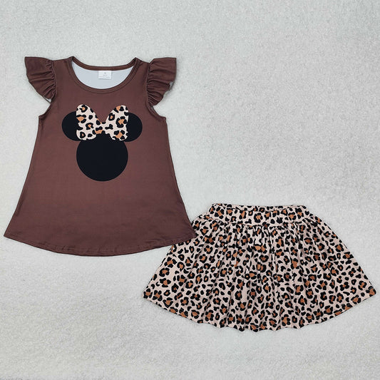 Baby Girls Clothes Leopard Cartoon Flutter Sleeve Shirt Skort Clothes Sets GSD1664