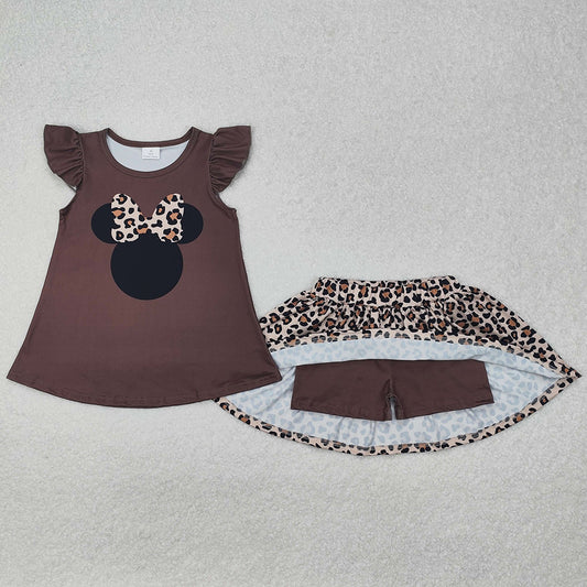 Baby Girls Clothes Leopard Cartoon Flutter Sleeve Shirt Skort Clothes Sets GSD1664