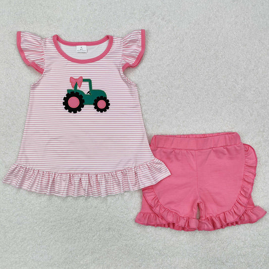 Baby Girls Clothes Pink Truck Bow Tunic Shorts Clothes Sets GSSO1757