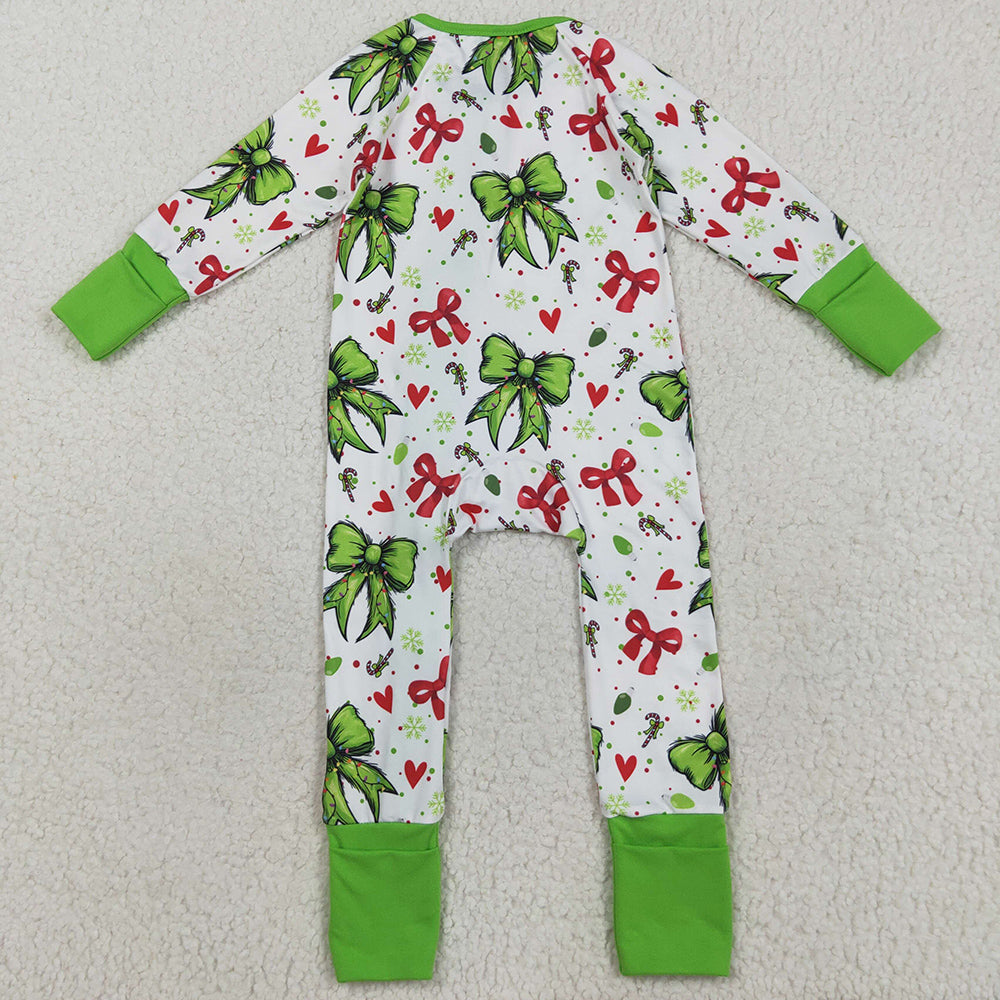 Baby Girls Rompers Green Red Bows Hearts Christmas Ruffle Zipper Footie Rompers LR2482 8.9
