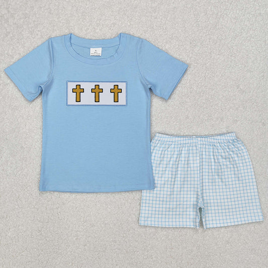 Embroidery Baby Boys Clothes Blue Easter Cross Shirts Checkered Shorts Sets GSSO1855 BSSO1234 3.8