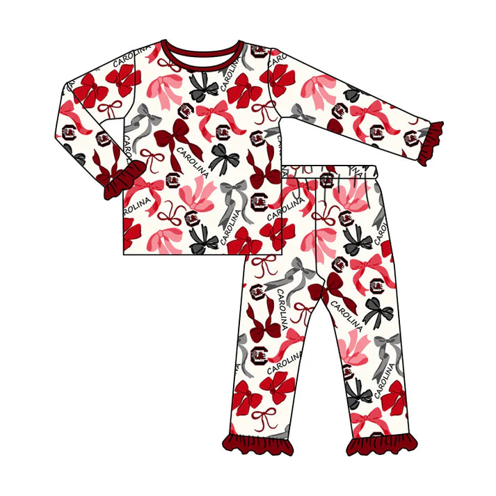 Preorder MOQ 5 Long sleeves maroon bow kids girls team pajamas 8.27