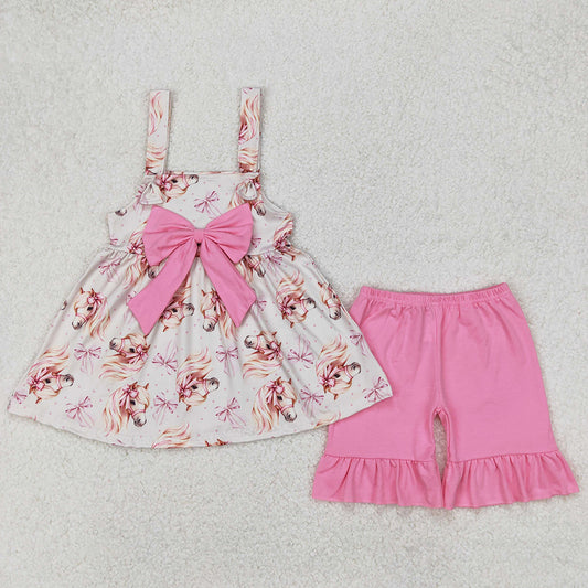 Baby Girls Clothes Pink Western Horse Bows Tunic Top Ruffle Shorts Outfits GSSO2100 3.19