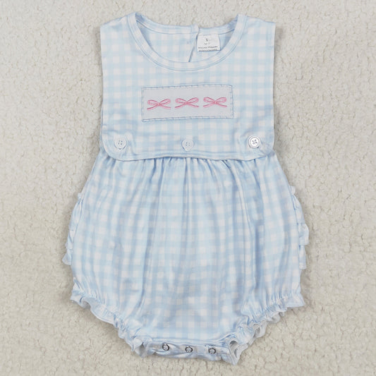 Baby Infant Girls Rompers Blue Checkered Bows Sleeveless Rompers SR2203