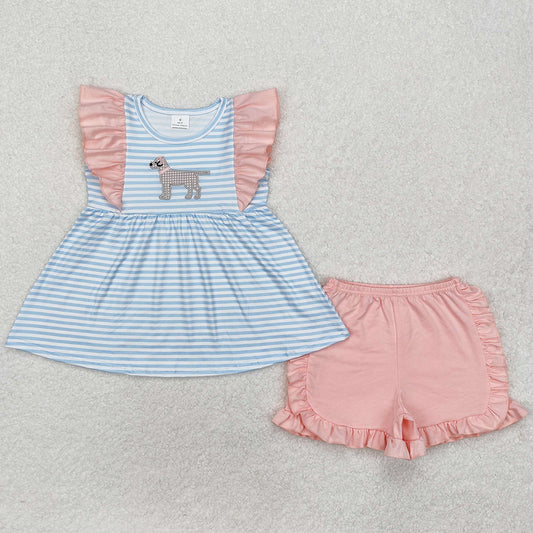 Baby Girls Clothes Blue Stripes Dog Tunic Ruffle Shorts Clothes Sets GSSO1563