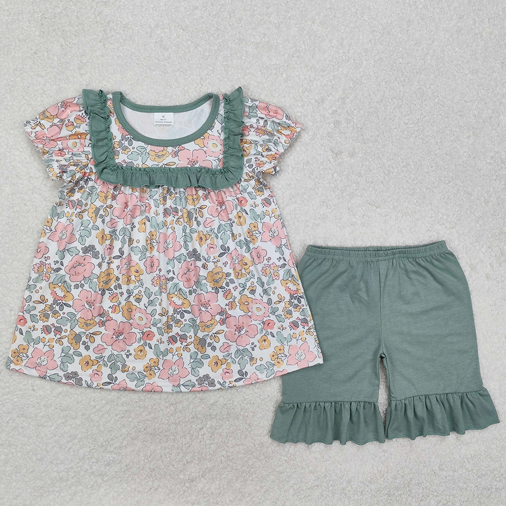 Baby Girls Clothes Floral Green Tunic Top Ruffle Shorts Clothes Sets GSSO1607