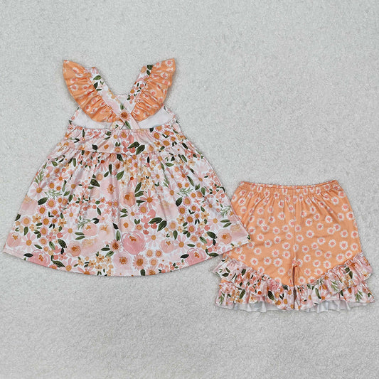 Baby Girls Clothes Pink Spring Flowers Straps Tunic Shorts Sets GSSO1763