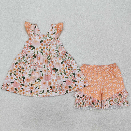 Baby Girls Clothes Pink Spring Flowers Straps Tunic Shorts Sets GSSO1763