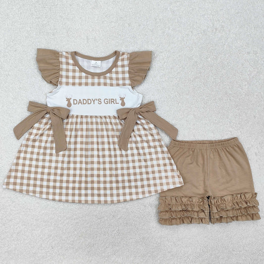 Baby Girls Clothes Daddy's Girl Deer Checkered Tunic Tops Ruffle Shorts Sets GSSO1644