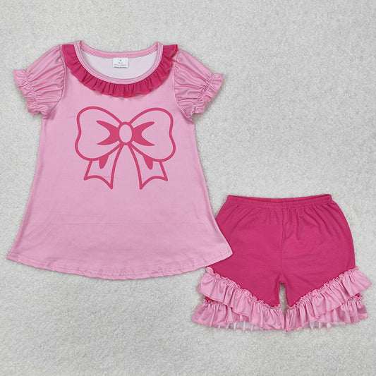 Baby Girls Clothes Pink Bow Tunic Ruffle Shorts Clothes Sets GSSO1531