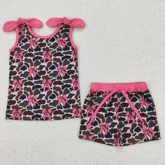Baby Girls Clothes Camo Pink Bows Top Shorts Clothes Sets GSSO2083