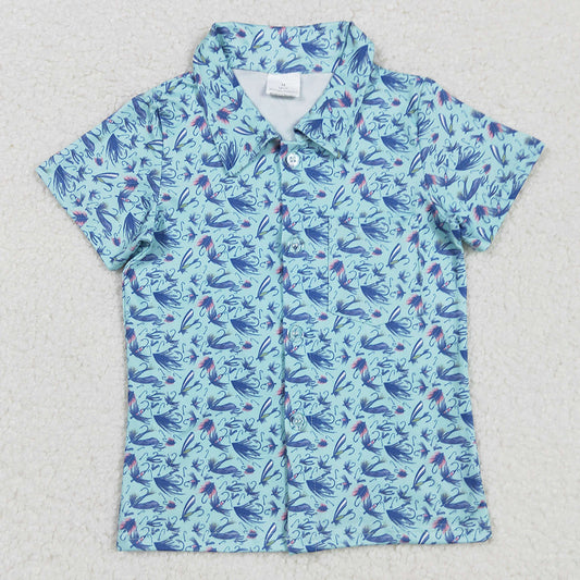 Baby Boys T-shirts Short Sleeves Blue Flowers Button Shirts Top BT1296 9.2