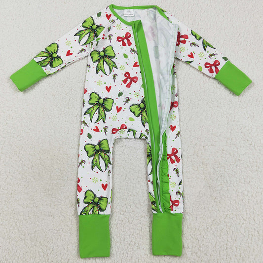 Baby Girls Rompers Green Red Bows Hearts Christmas Ruffle Zipper Footie Rompers LR2482 8.9