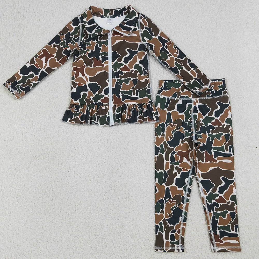 Baby Girls Clothes Dark Brown Camo Zipper Jackets Ruffle Top Leggings Yoga Clothes Sets GLP2992