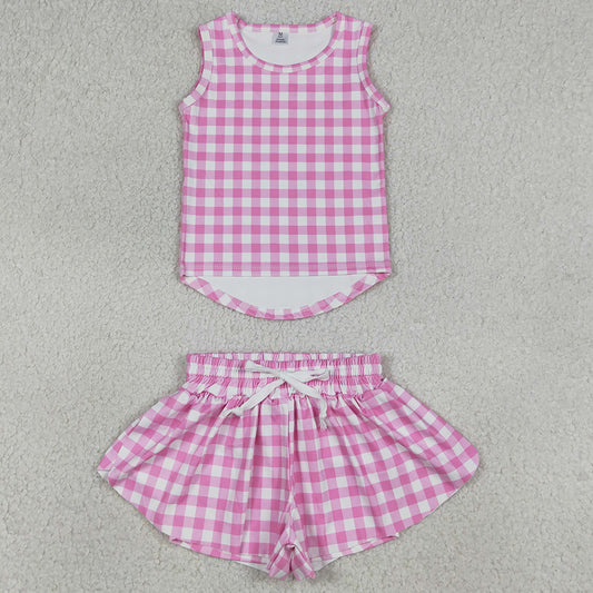 Baby Girls Clothes Pink Checked Vests Top Butterfly Short Yoga Active Clothes Sets GSSO3478