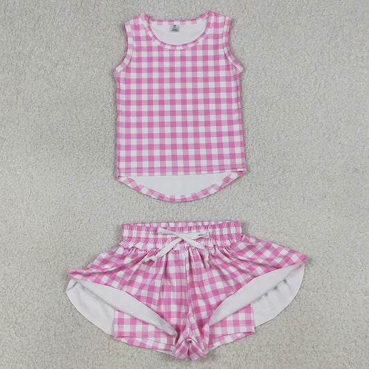 Baby Girls Clothes Pink Checked Vests Top Butterfly Short Yoga Active Clothes Sets GSSO3478